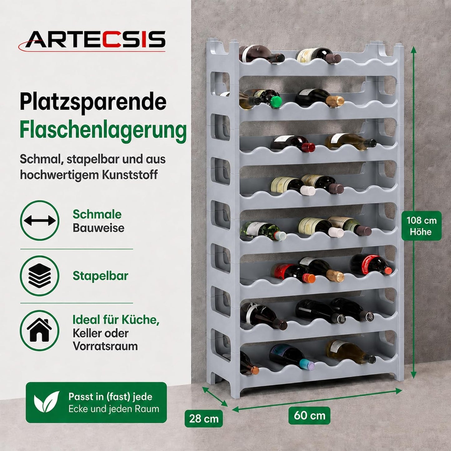 Stapelbares Weinregal, Betongrau 48 Flaschen