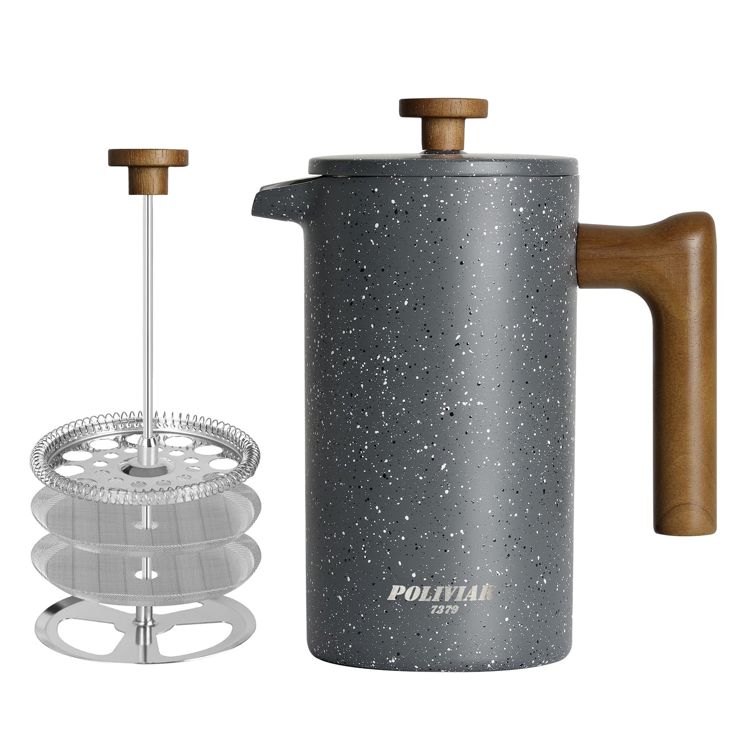 French Press Kaffeebereiter 1L, doppelwandig, mit Holzgriff, 1000 ml-1 Stein