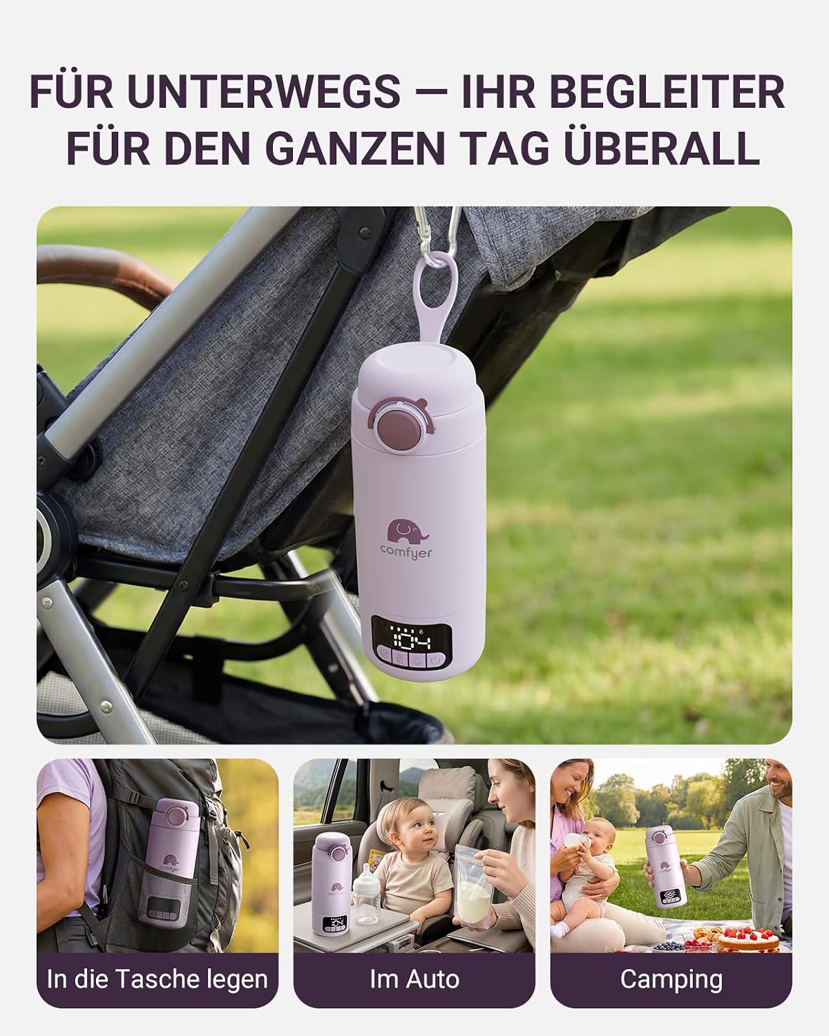 Tragbarer Flaschenwärmer mit Sterilisator, Hell Purple