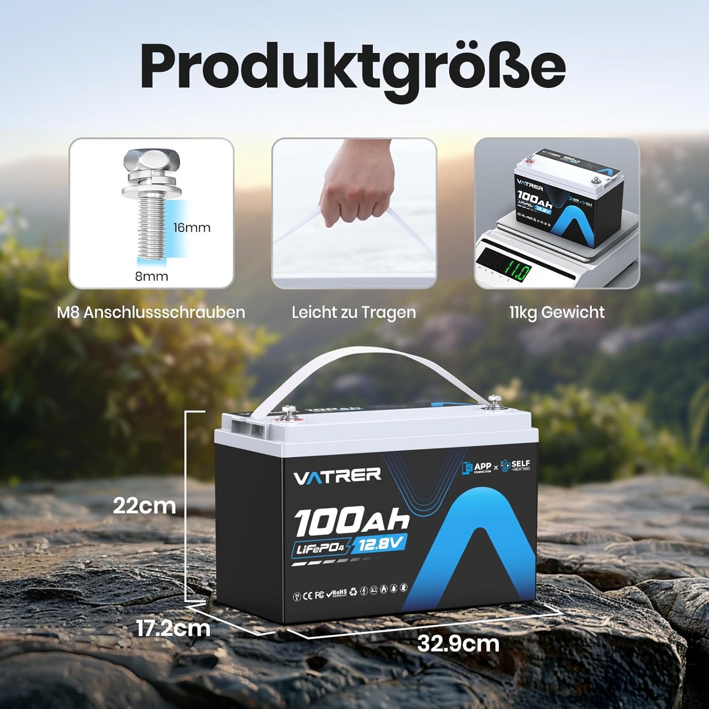 LiFePO4 12V 100Ah Lithium-Akku mit Bluetooth, 12V100Ah Selbsterwärmung