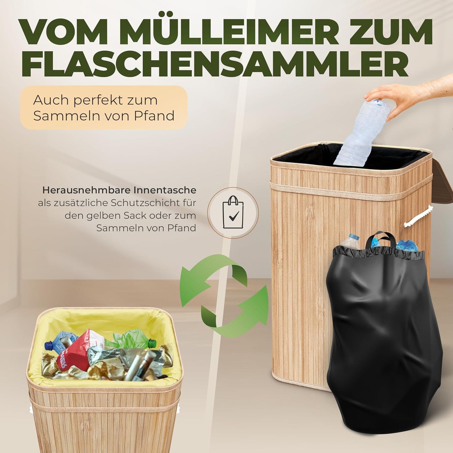 Müllsackständer aus Bambus mit Innentasche, 60L, Hellbraun