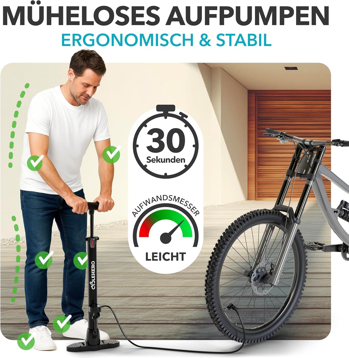 Velopumpe mit Manometer für alle Ventile, Standpumpe Schwarz