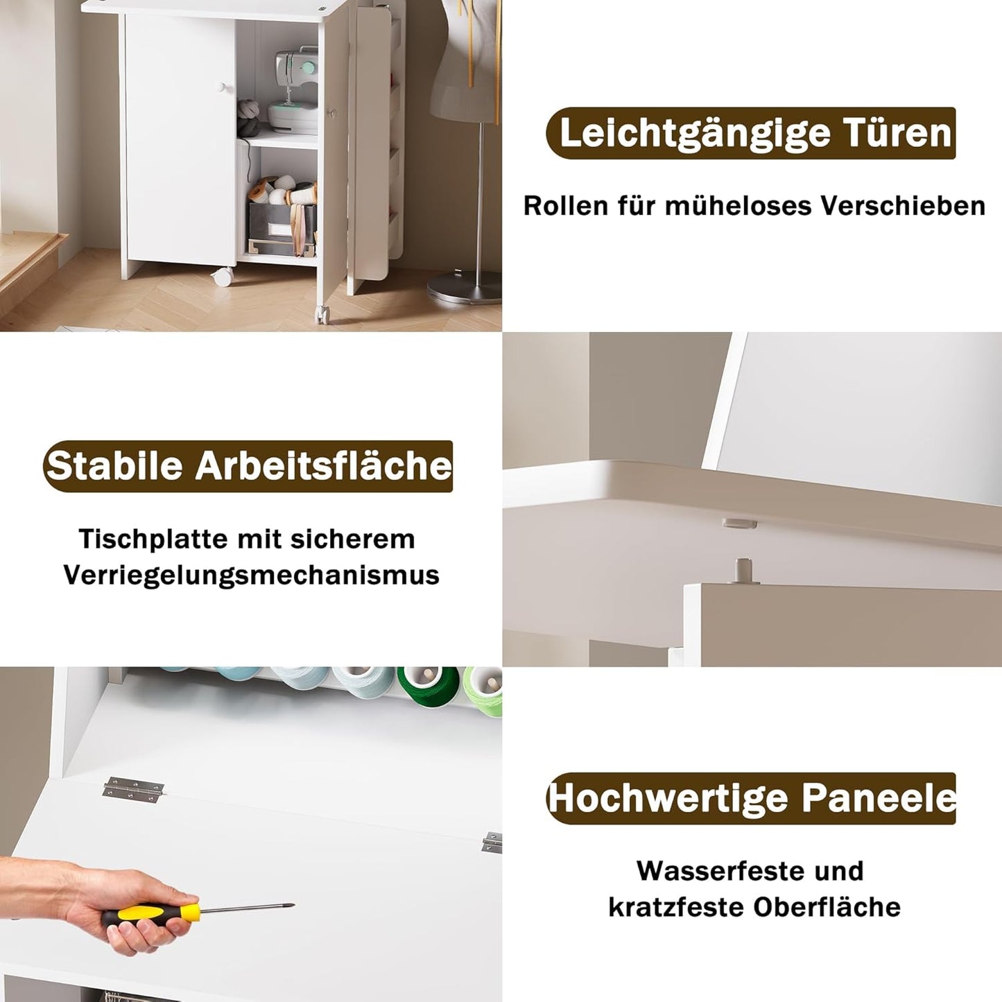 Klappbarer Nähschrank mit Garnhalter & Steckdosen