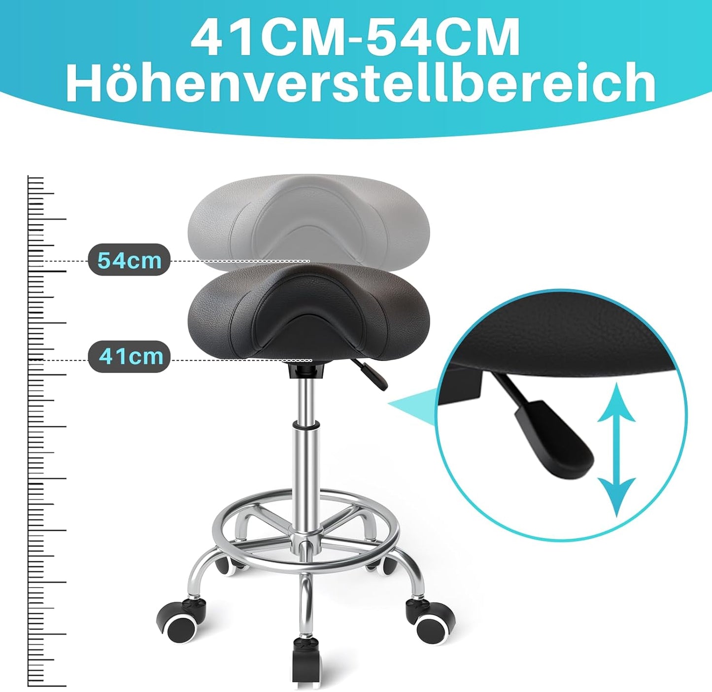 Ergonomischer Sattelhocker mit Rollen und Pedal, Schwarz
