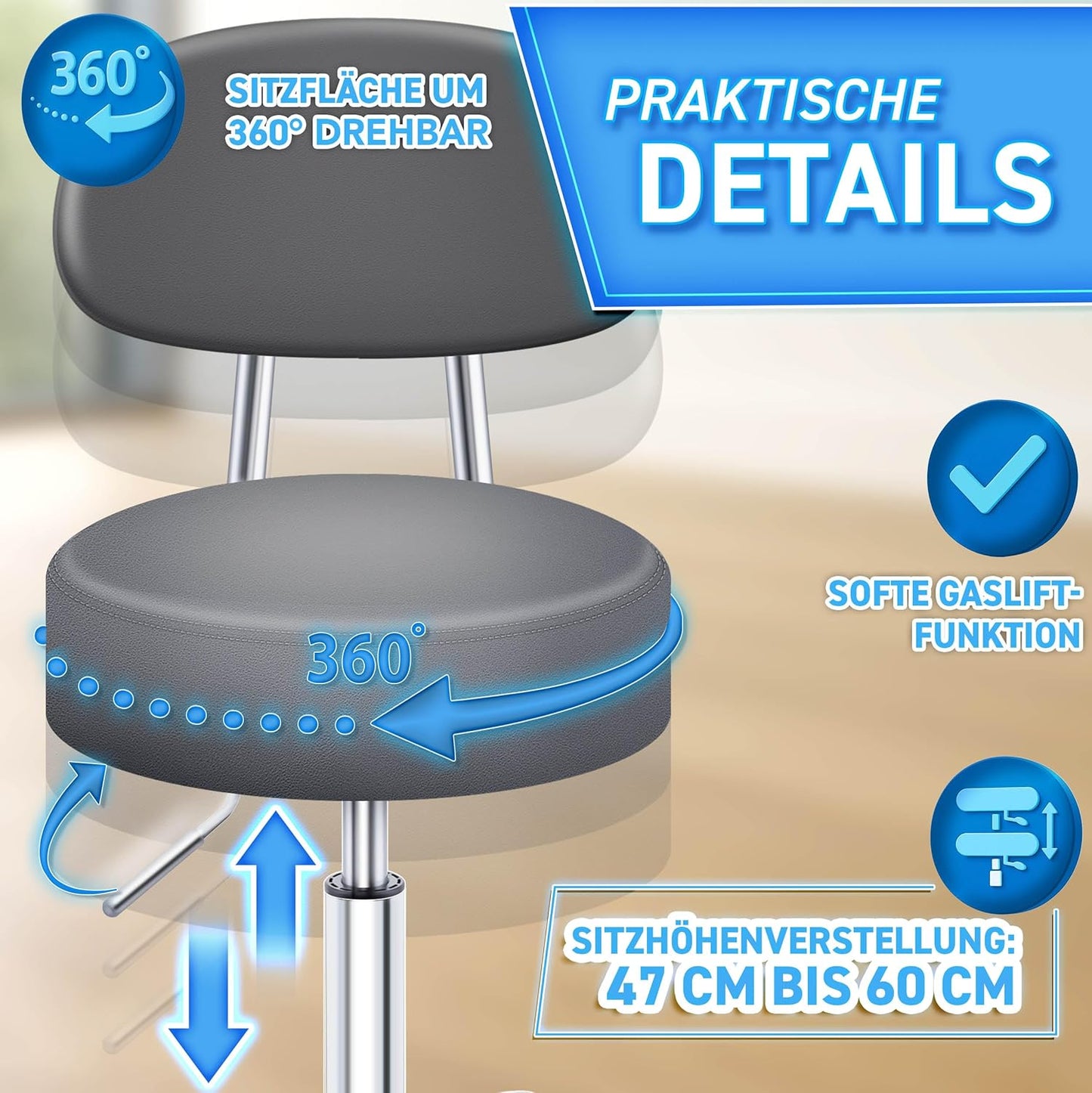 Höhenverstellbarer Drehhocker mit Lehne und Rollen, Grau