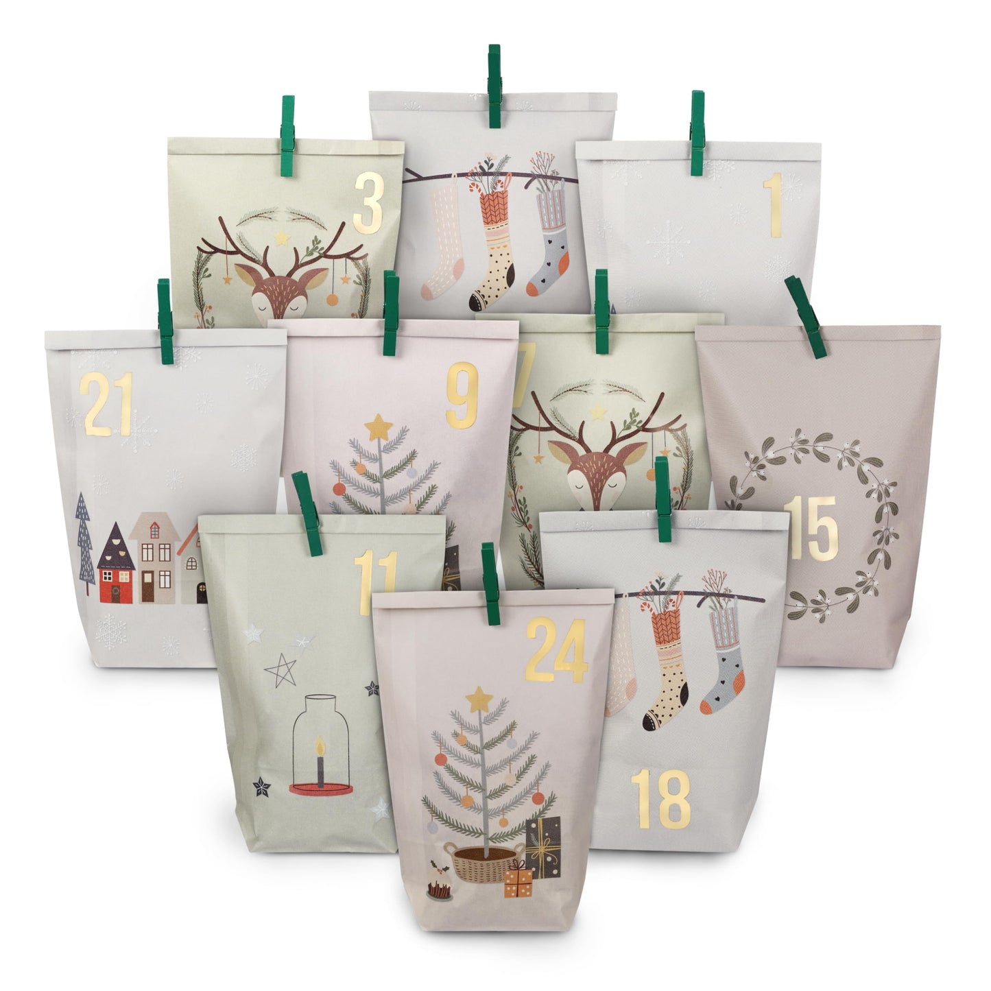 Adventskalender DIY-Set, 24 Geschenktüten, Motiv Hygge, Pastell