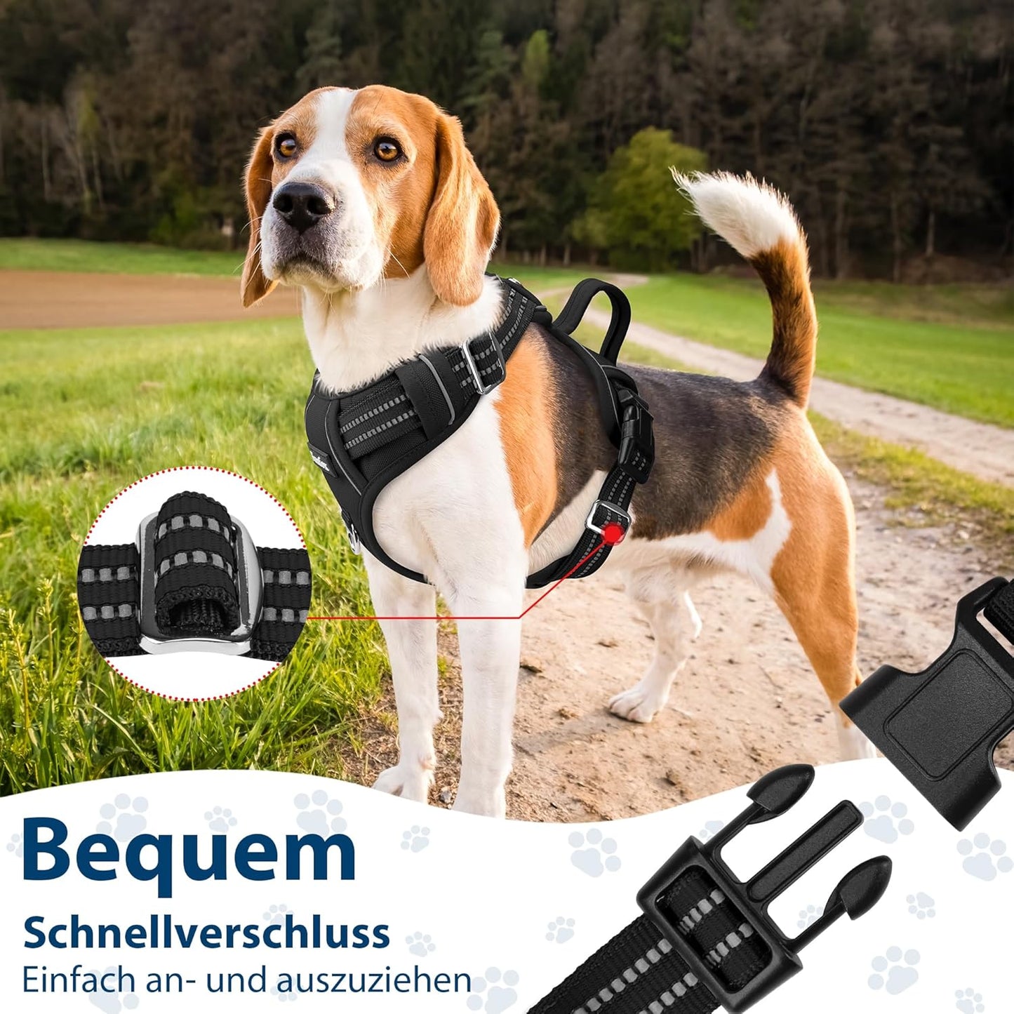 Verstellbares Anti-Zug Hundegeschirr mit Griff & Reflektorstreifen, XL|Schwarz