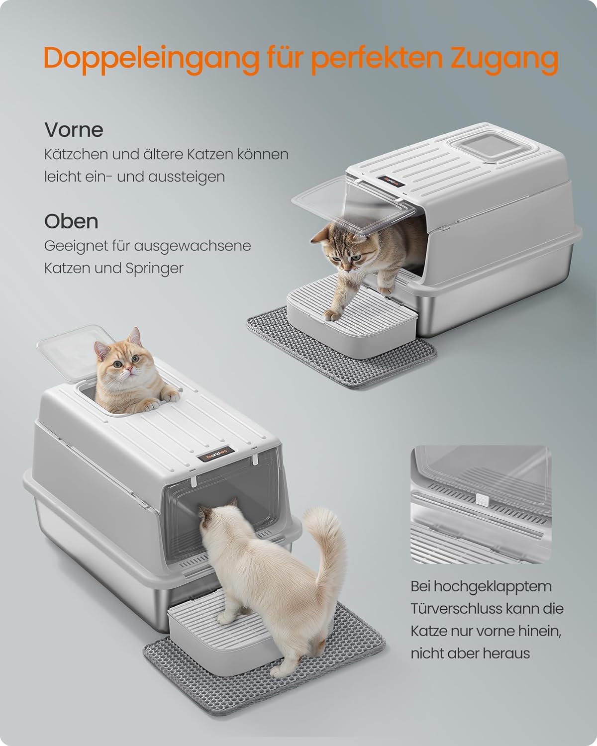 Katzentoilette PPT007GD01 mit Deckel, Schaufel, Katzenstreumatte und 2 Eingängen, hellgrau