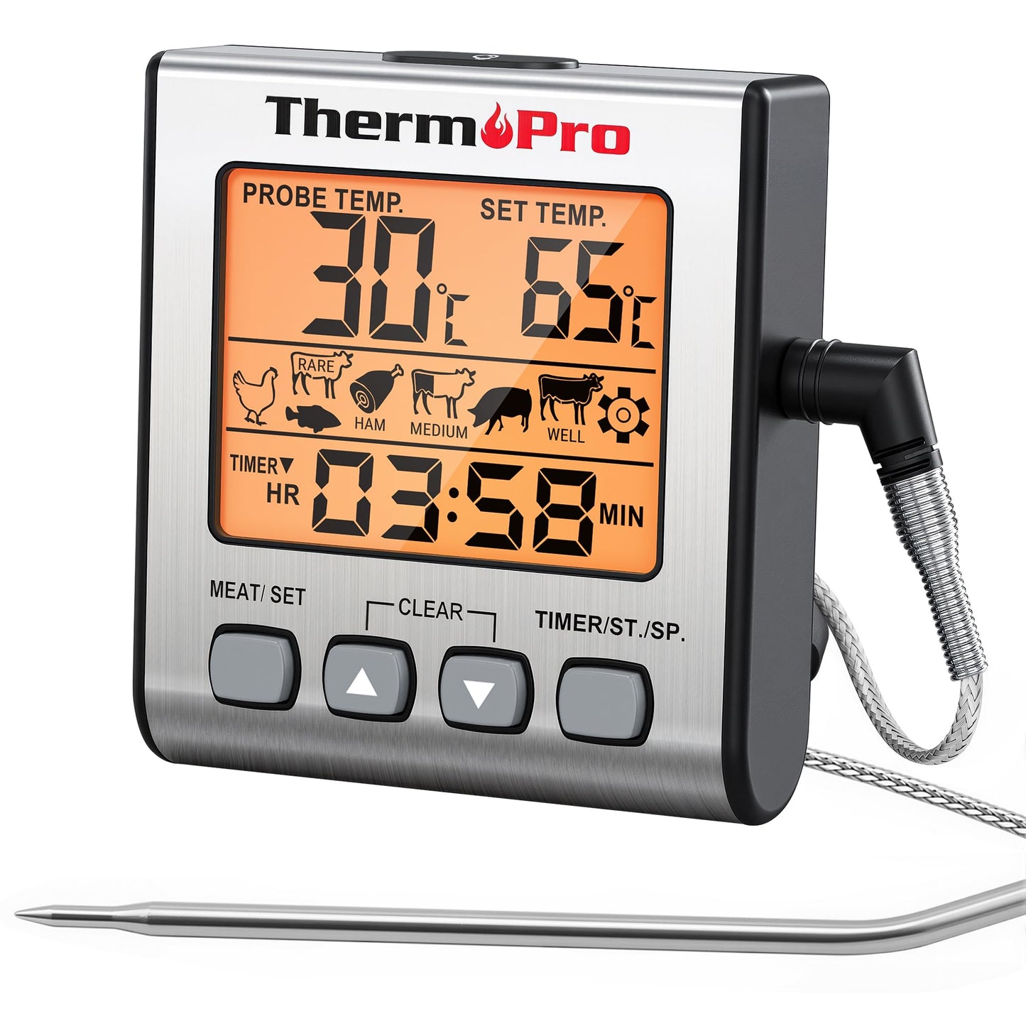 Digitales Grill- und Bratenthermometer mit Timer, Edelstahl mit Hintergrundbeleuchtung