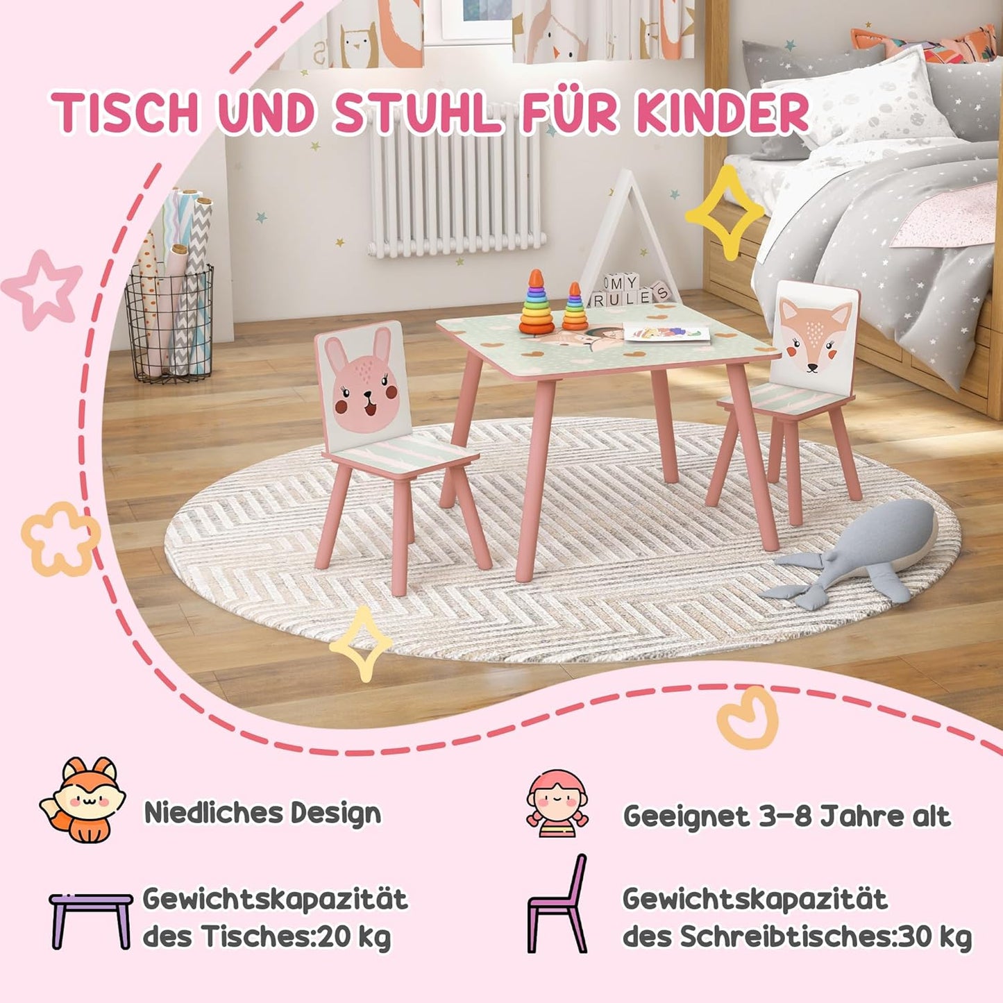 3-teilige Kindersitzgruppe mit Tiermotiv, Rosa