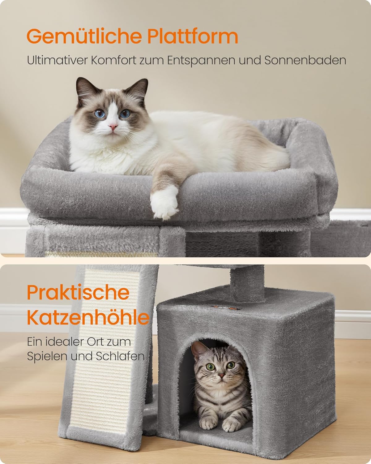 Katzenkratzbaum mit Plattform und Höhle, taubengrau S (51 x 39,2 x 46,4 cm)