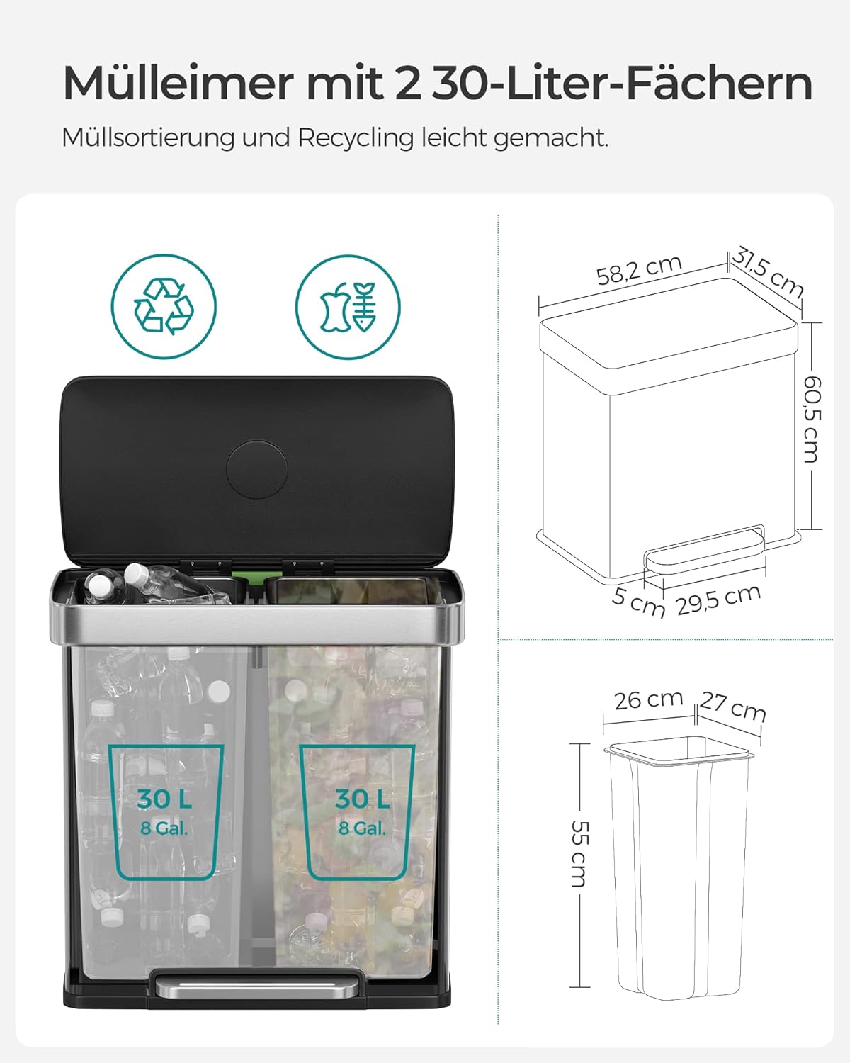 Mülltrennsystem mit Softclose LTB202E01 (2 x 30L), Silber