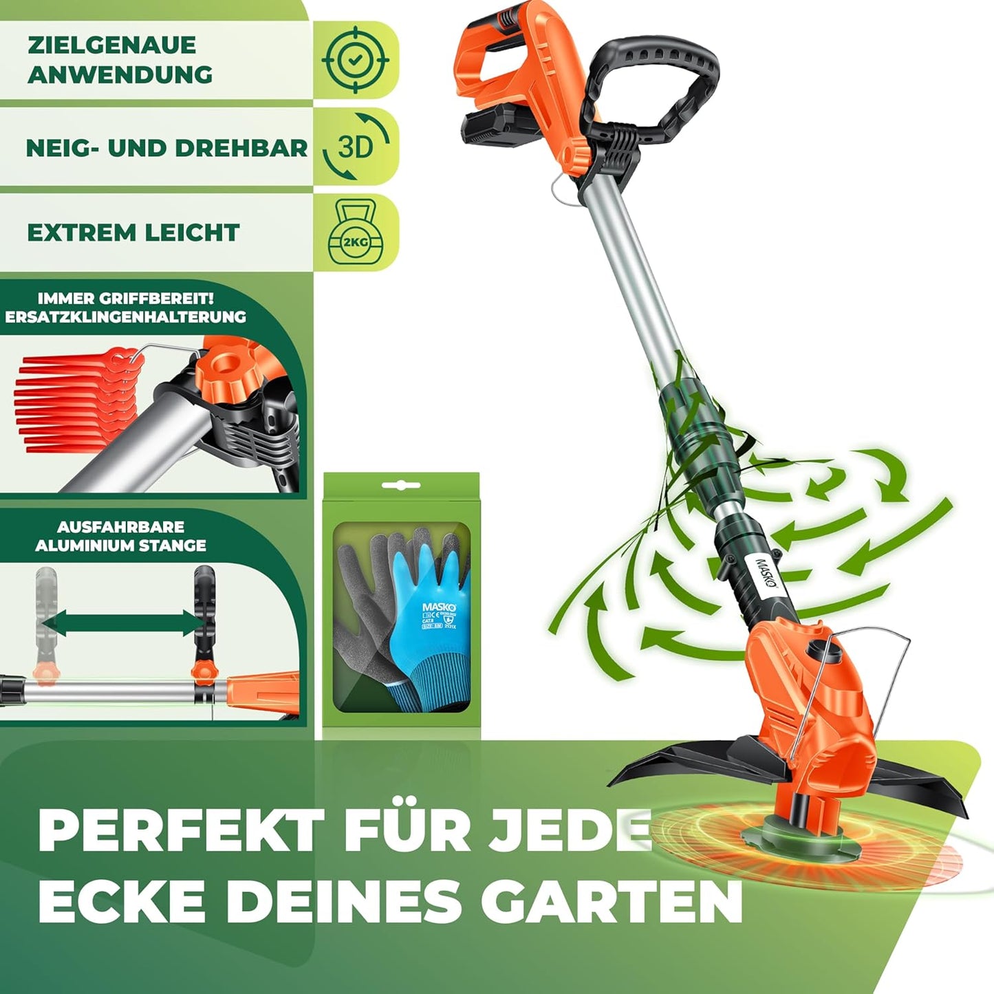 Akku-Rasentrimmer mit Teleskopstiel & 20 Nylonklingen, Orange