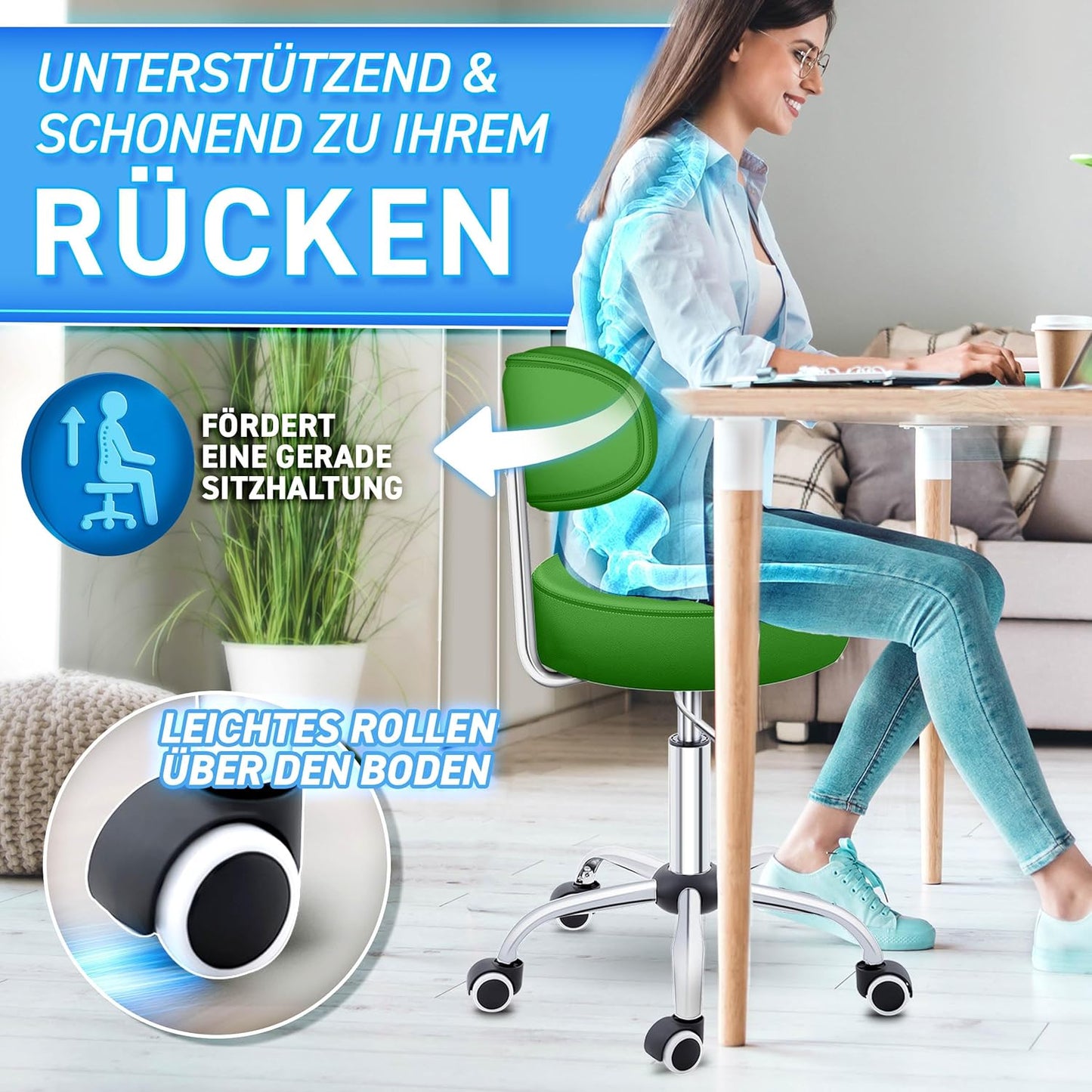 Höhenverstellbarer Rollhocker mit Lehne, Grün