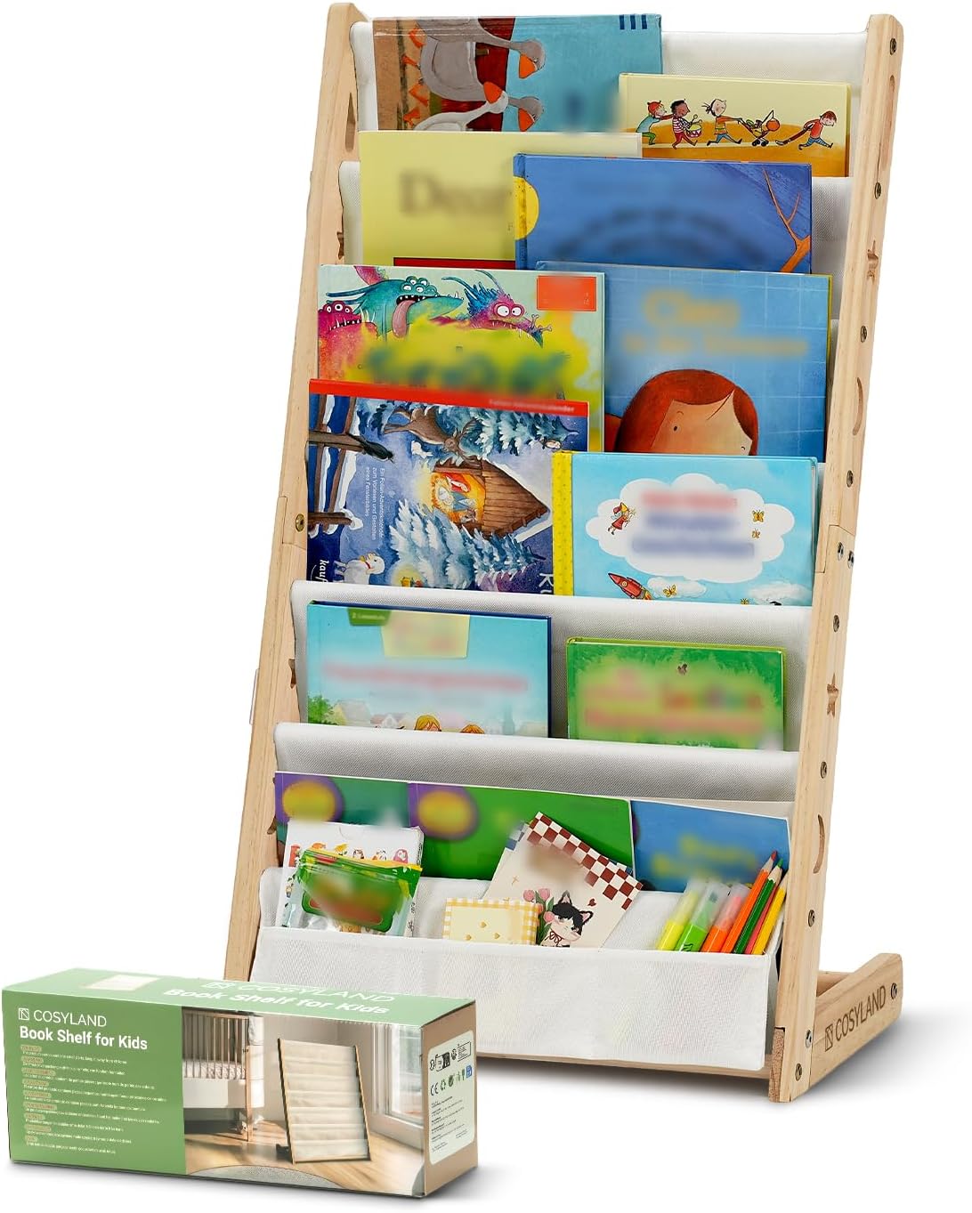 Kinder-Bücherregal mit 6 Stofffächern, platzsparend, Naturholzfarbe Medium