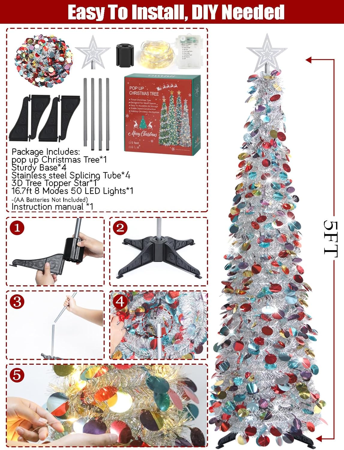 Pop-Up Lametta Weihnachtsbaum, 152.4 cm Buntes Silber