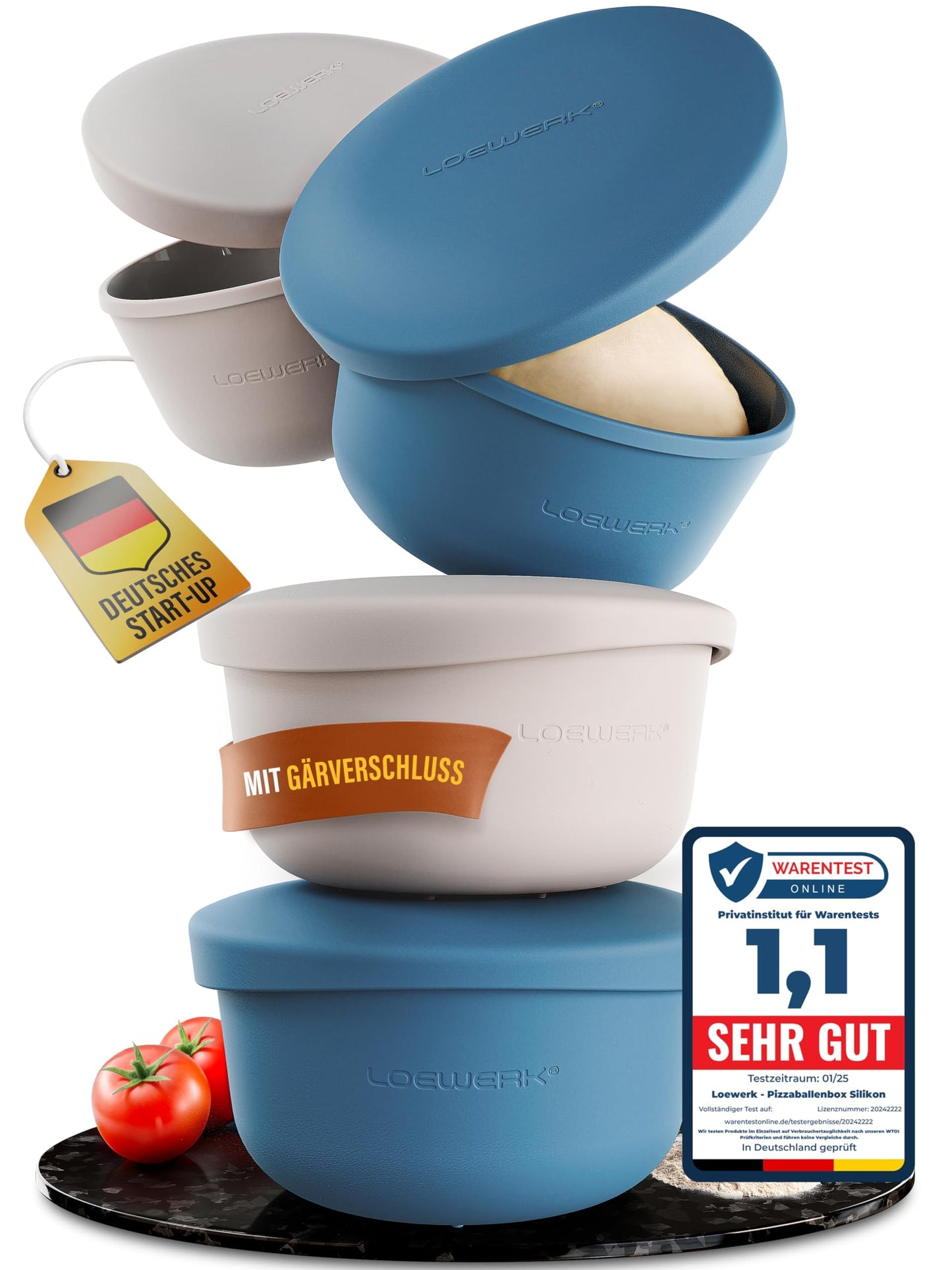 4er-Set Pizzaballenbox mit Deckel, 4 Stück blau+grau