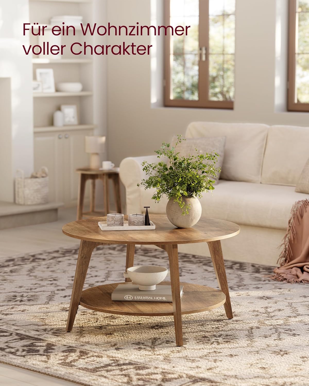 Runder Couchtisch mit 2 Ebenen, 80 cm Durchmesser, Honigbraun