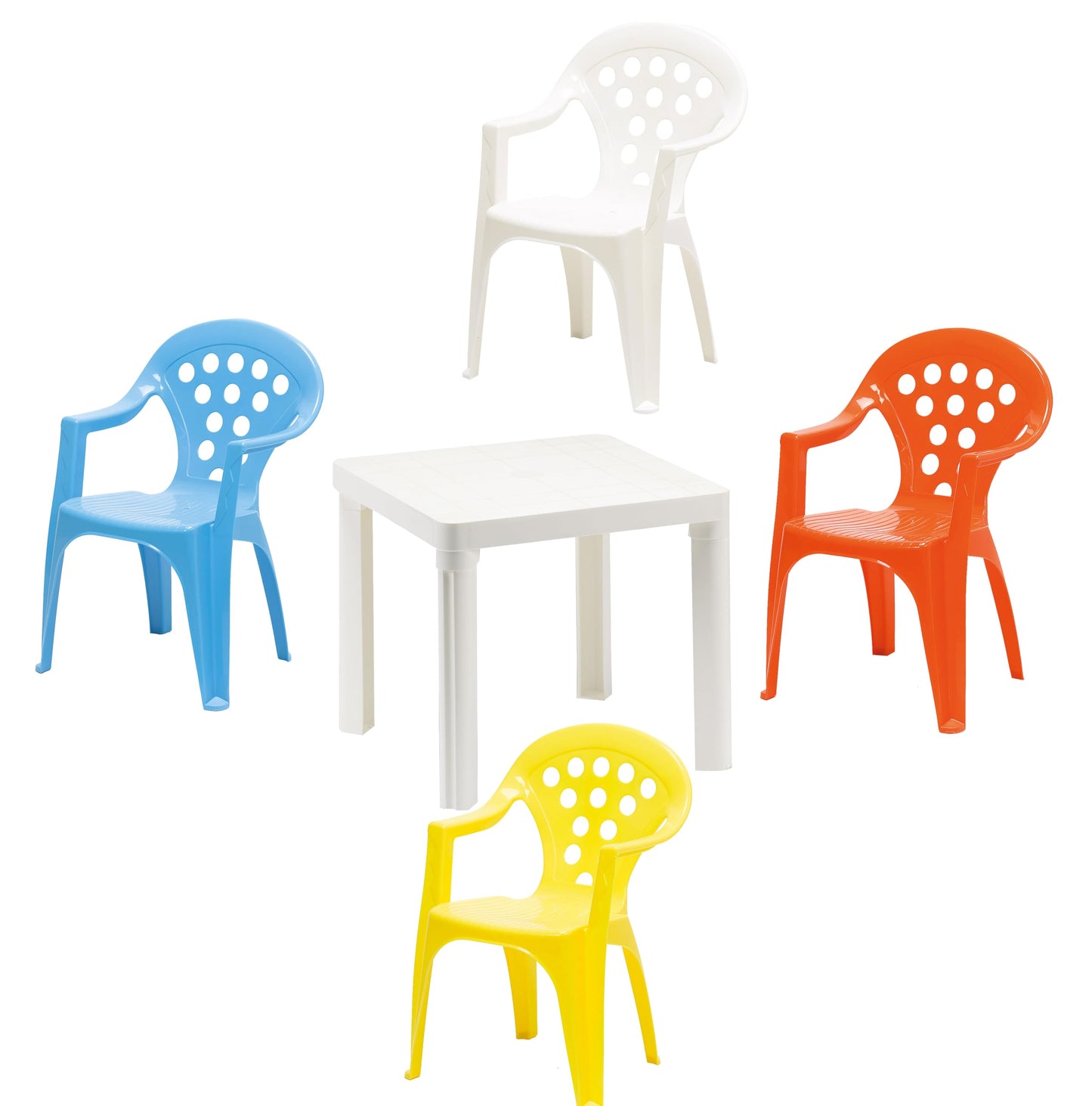 Kinder Garten-Sitzgruppe (1 Tisch, 4 Stühle), 1 Tisch 4 Stühle bunt