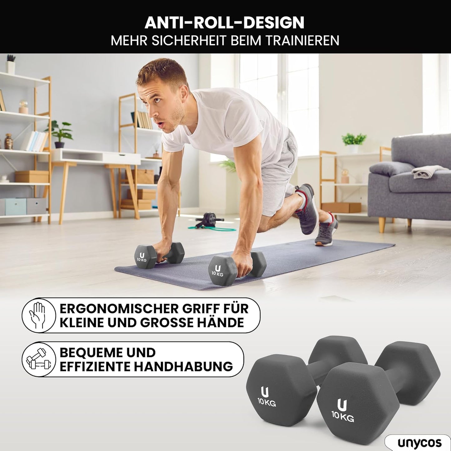 Kurzhanteln-Set (2 x 10 kg, rutschfest), #23 Dunkelgrau, 2 x 10KG - Sechseckig