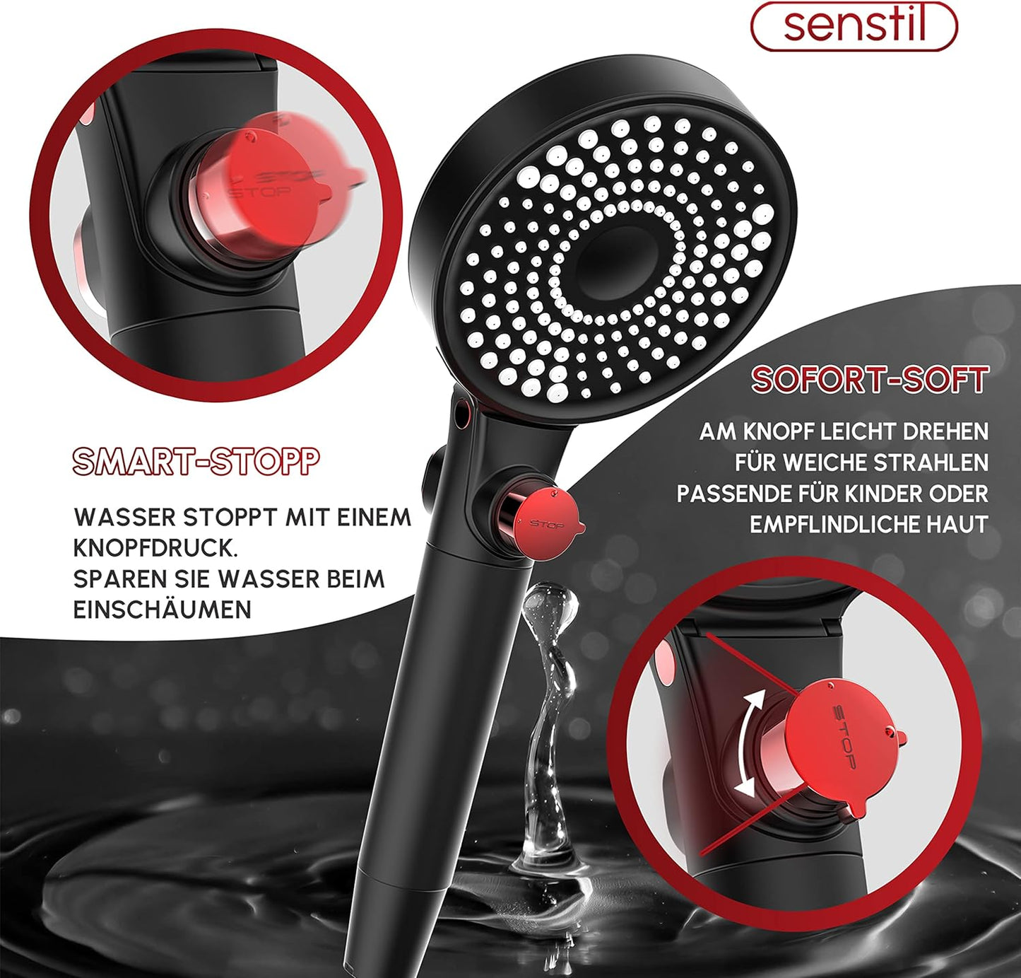 Double-Face Max Duschkopf mit Wassersparfunktion, Mit Schlauch Schwarz Max