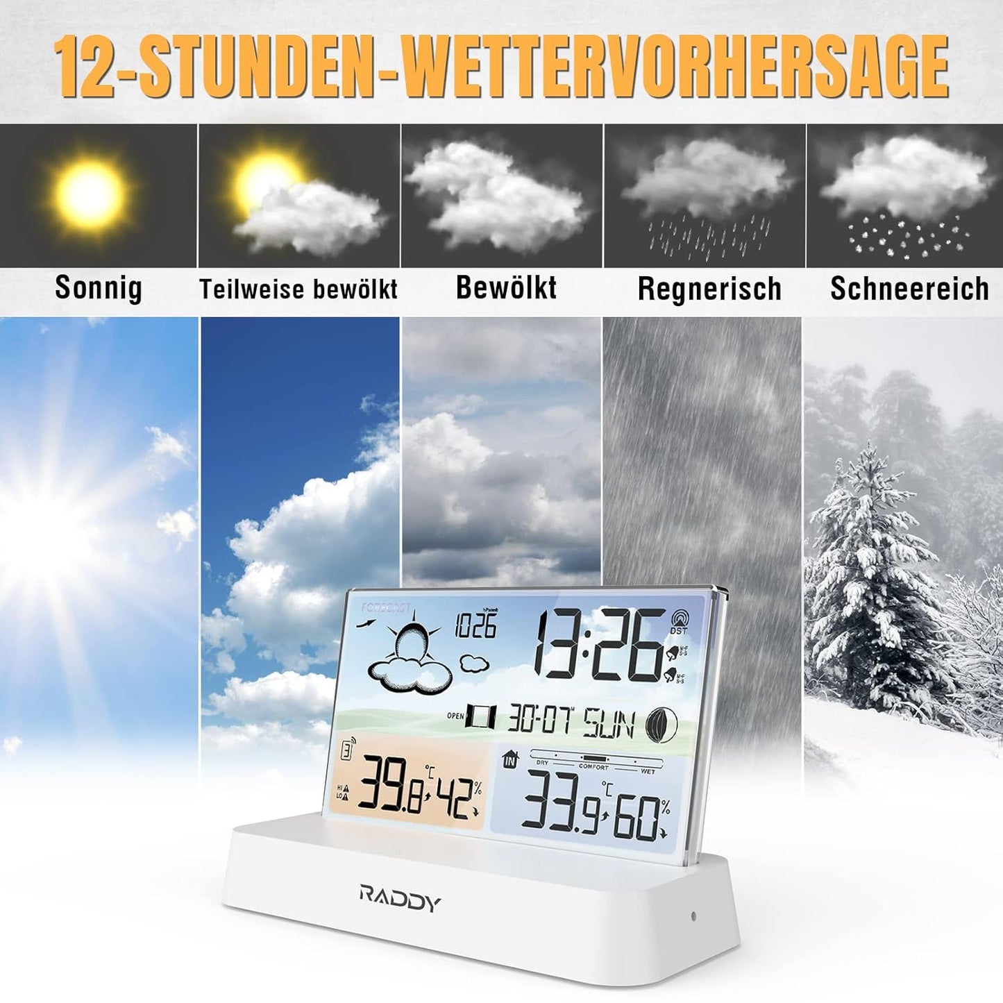 Wetterstation DT6 mit DCF Funkuhr und Barometer, Weiss