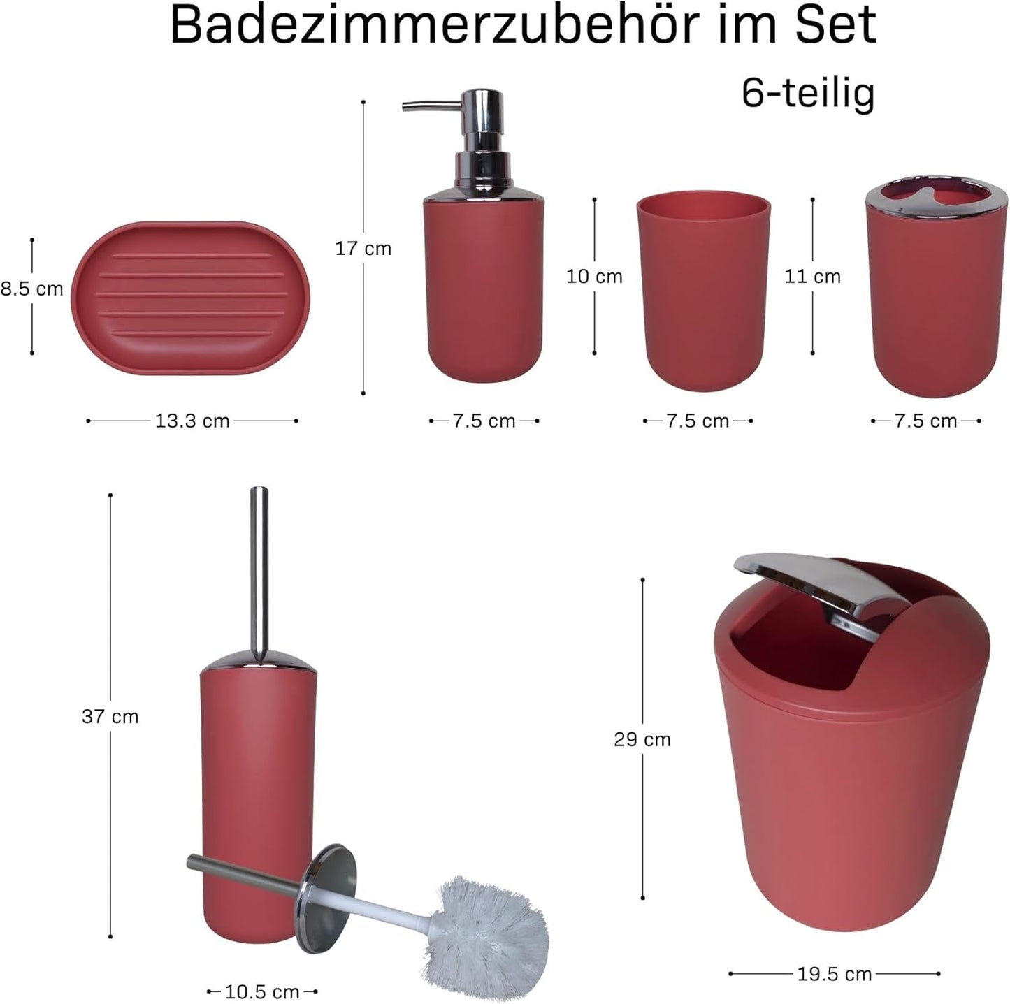 6-teiliges Badezimmer-Zubehörset, Rot