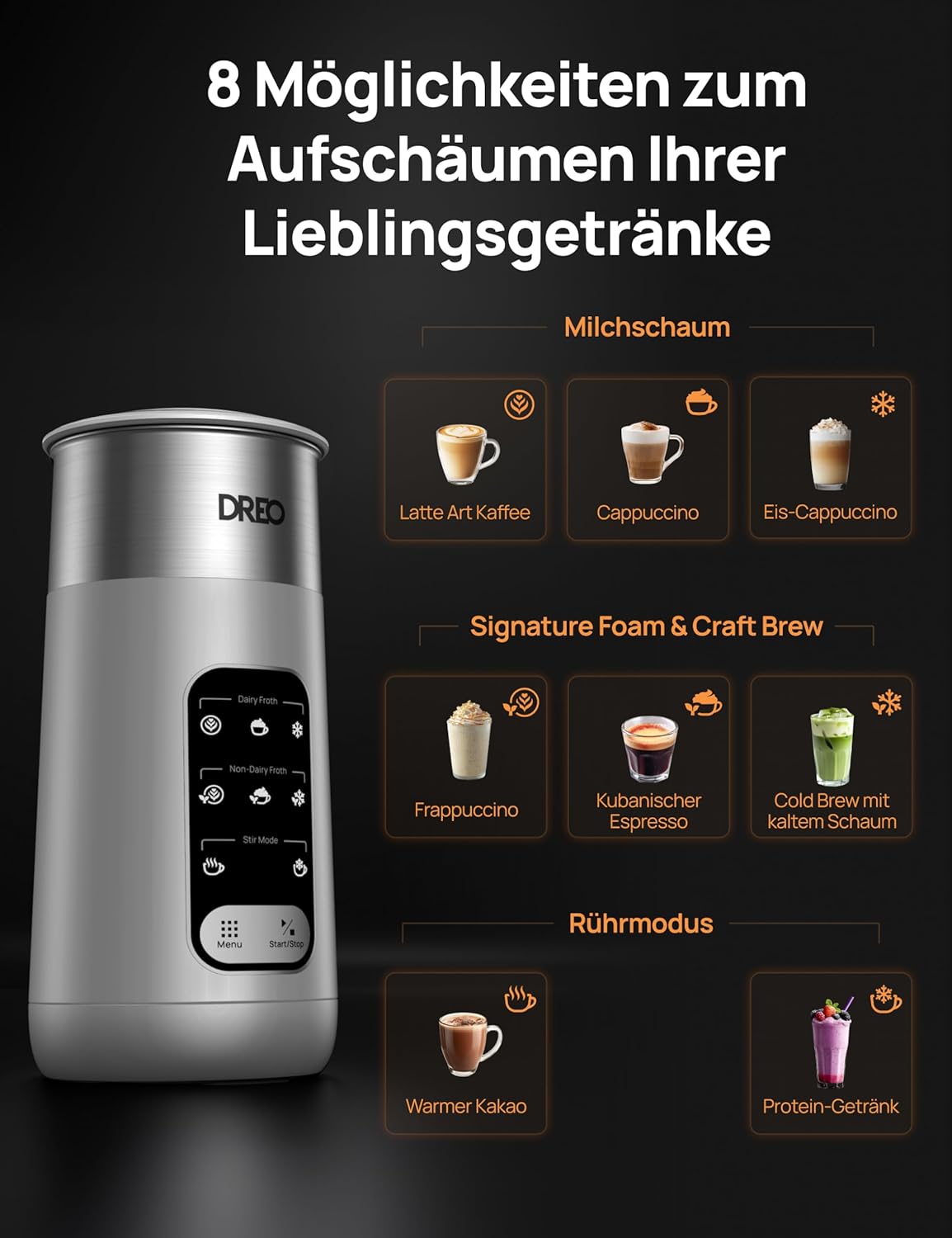 8-in-1 Elektrischer Milchaufschäumer für Kaffeegetränke, Silber