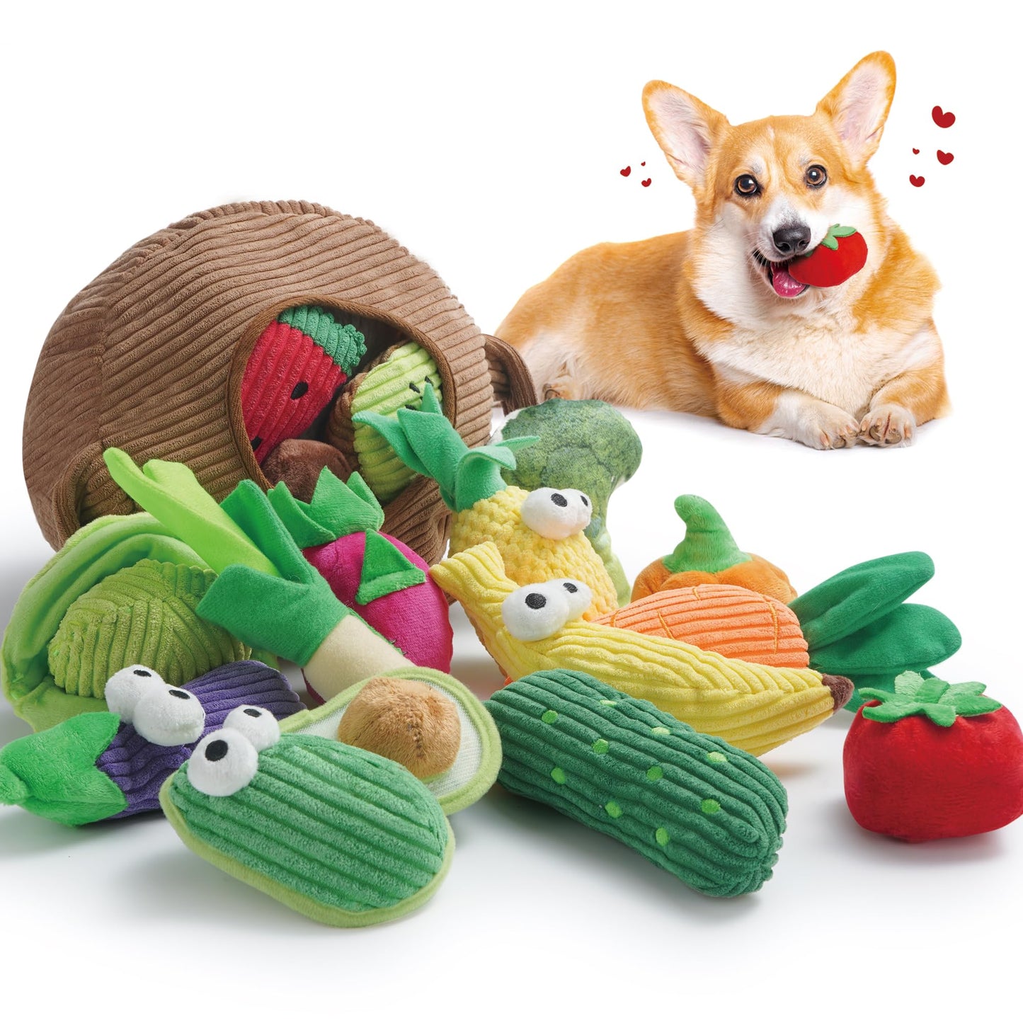 Interaktives Quietschspielzeug-Set für Hunde, 15 Stück Obst und Gemüse