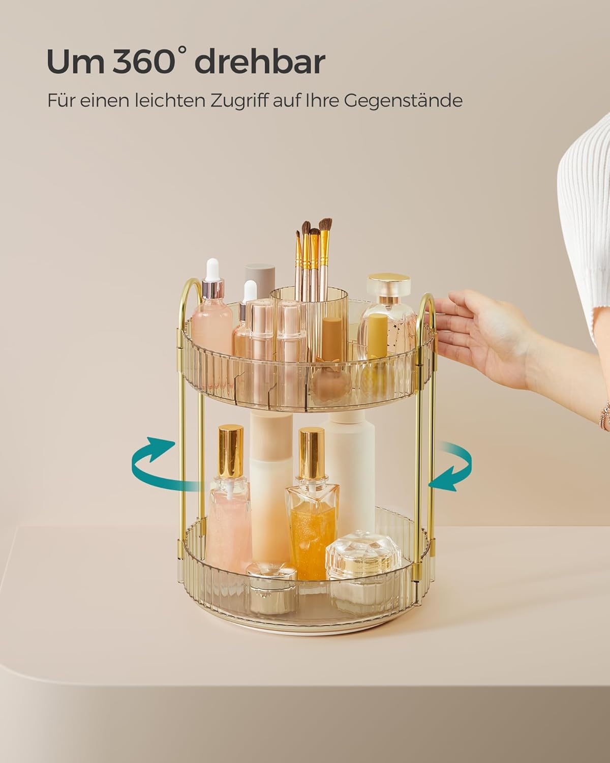 Drehbarer Make-up Organizer mit 2 Ebenen, Modell JKA012A01, Champagnergold 2 Ebenen (31H cm)
