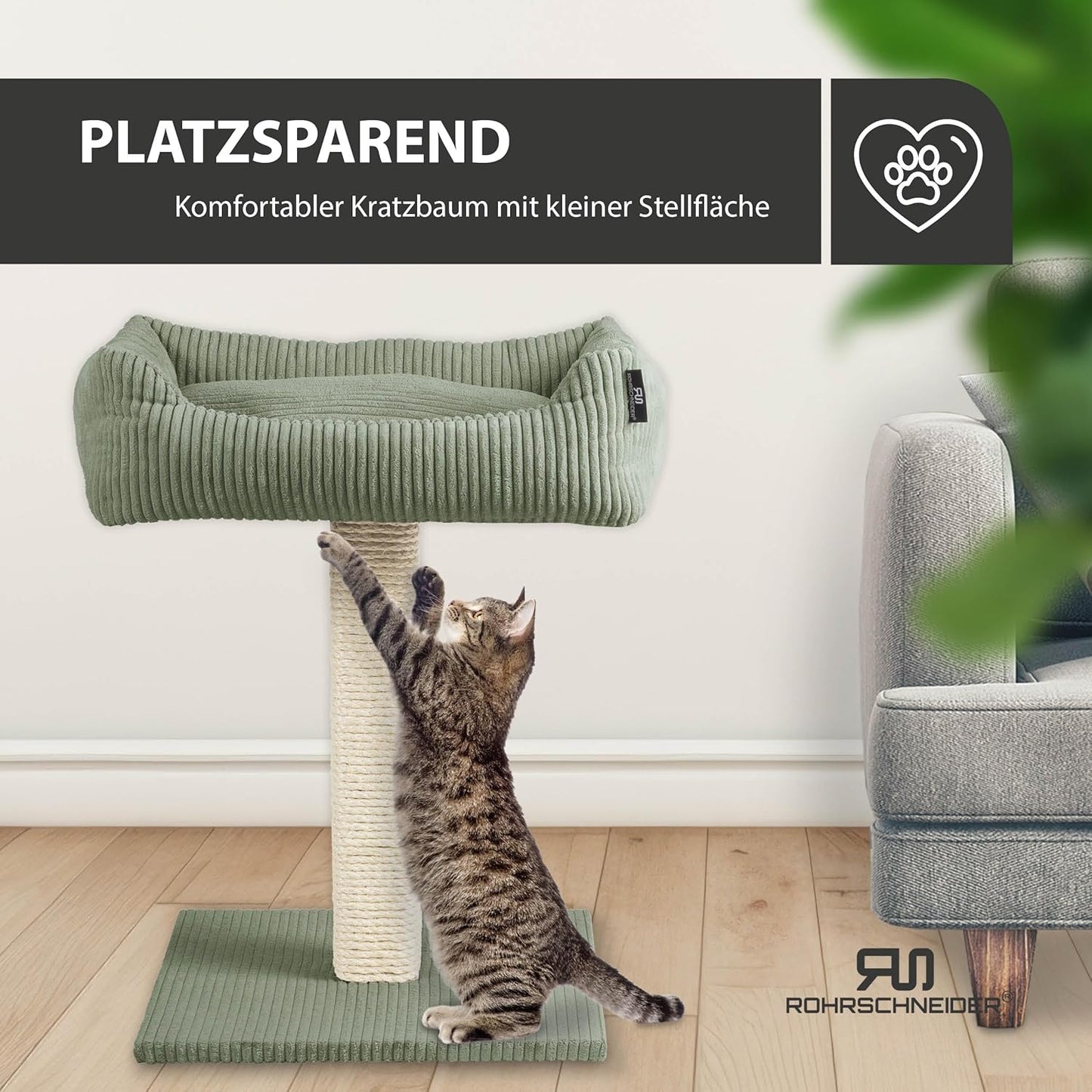 Kleiner Katzenbaum mit Kratzstamm aus Holz, Cordstoff breit salbei
