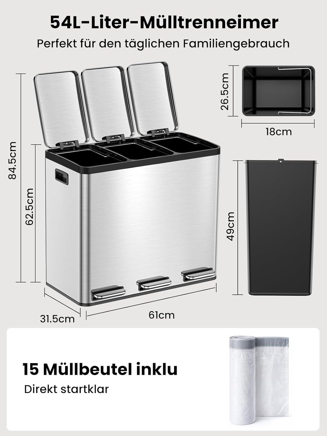 3-teiliger Treteimer mit Soft Close Deckel, Silber 54L