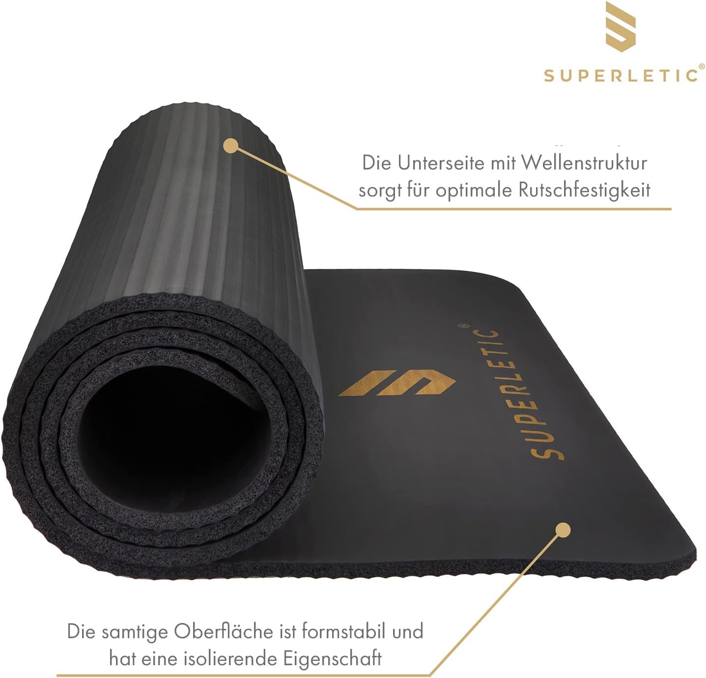 Rutschfeste Fitness- und Yogamatte mit Tragegurt, Schwarz- Nitrile Butadiene Rubber 180 x 60 x 1,0 cm