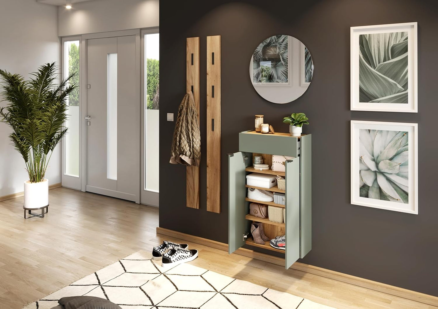 Hängender Schuhschrank, Schuhschrank Schmal Taupegrün/Eiche