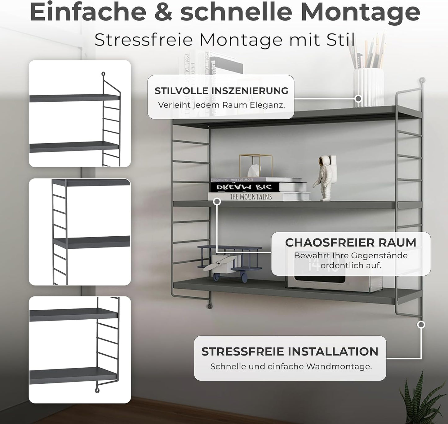 4er-Set Modulares Wandregal mit 3 Böden, Dunkelgrau 4