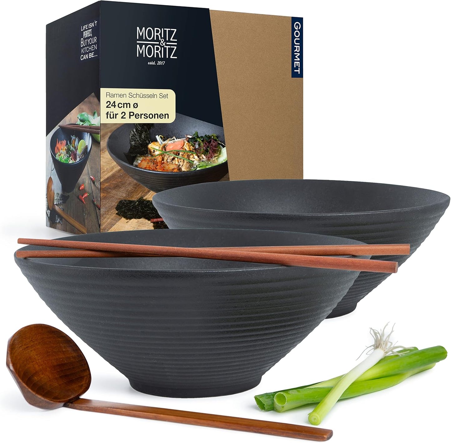 Ramenschüssel-Set mit Stäbchen und Löffel, 2x Schale Schwarz