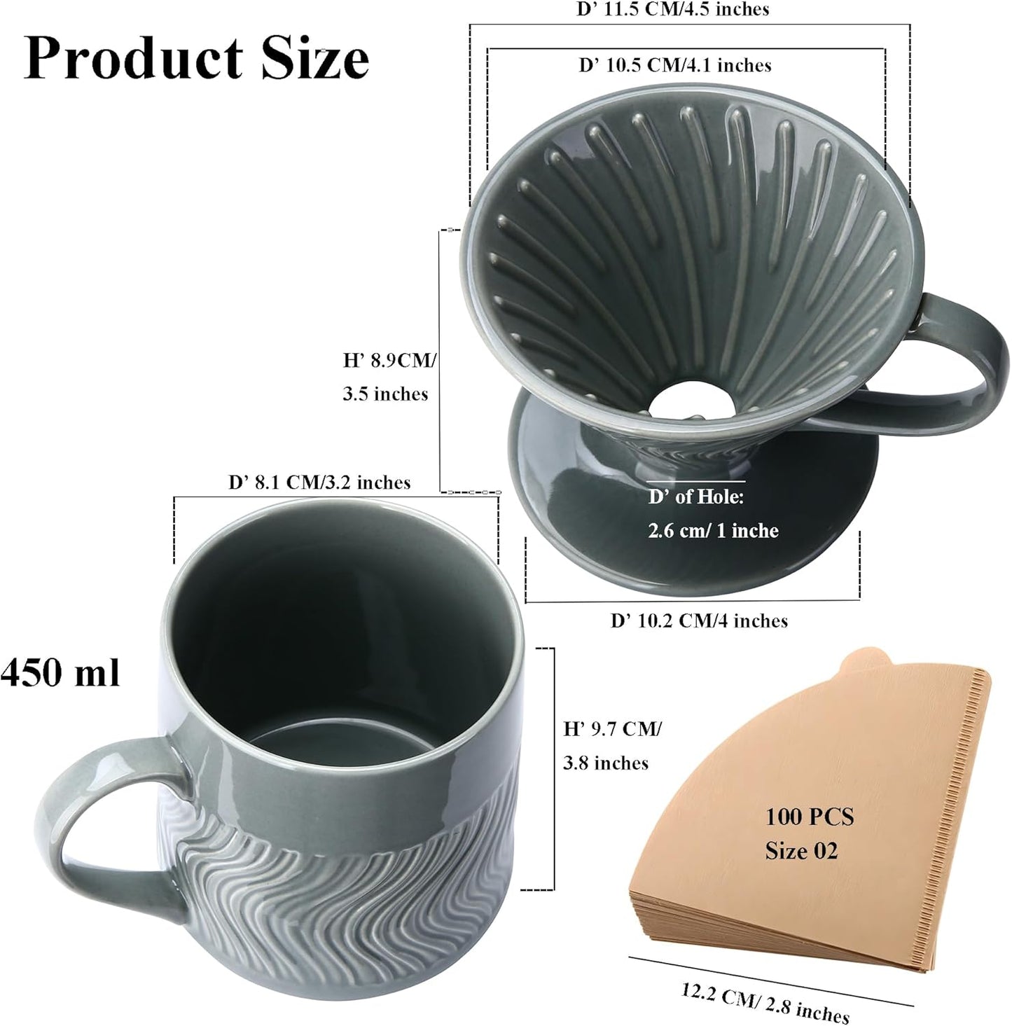 Pour-Over Kaffeebereiter mit Papierfiltern, 450 ml(Grau)