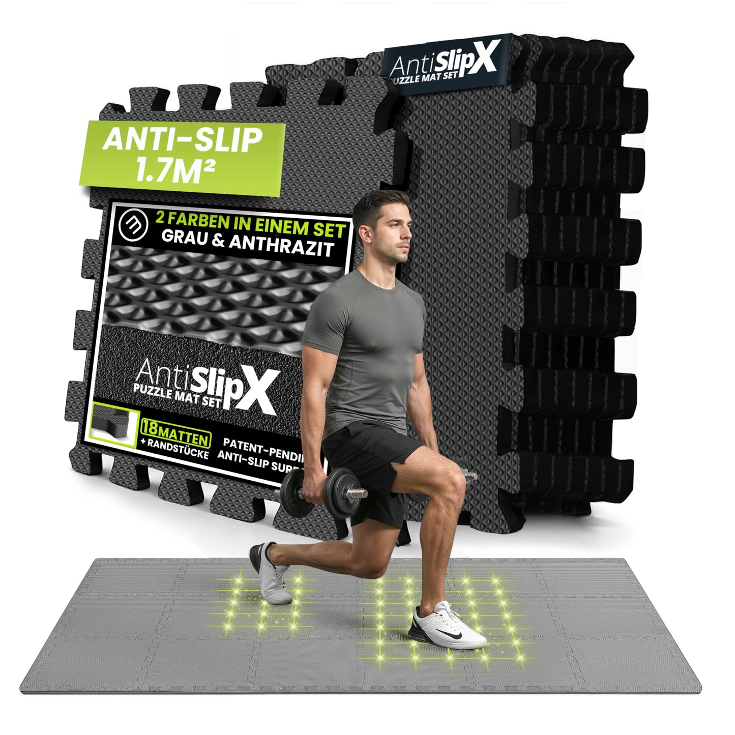 Antislipx Schutzmatten Puzzlematte-Set, Antislipx Double-sided Anthrazit/Grau | 18 Matten | 1,67 M², 32L x 32B x 1D cm