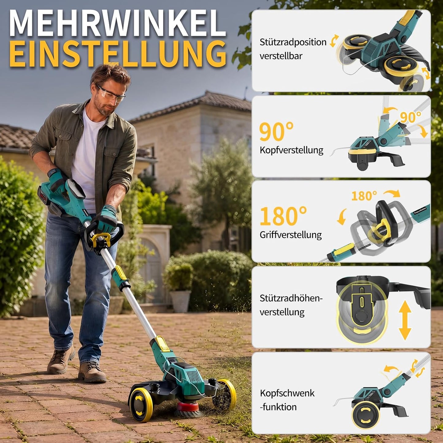 5 in 1 Akku-Rasentrimmer mit Unkrautbürste, Blau