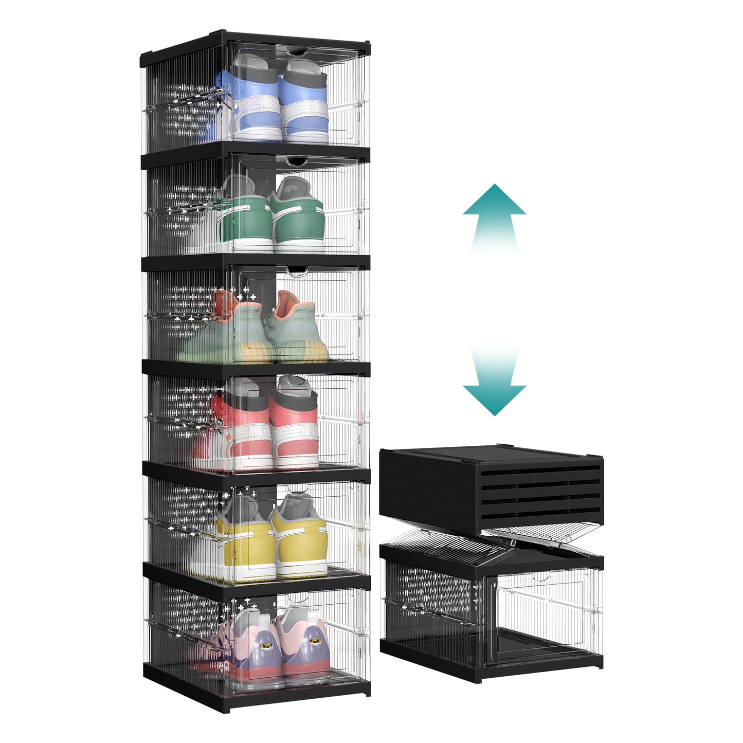 Faltbarer Schuhschrank mit Schuhboxen (Grösse bis 46), Transparent + Tintenschwarz 1