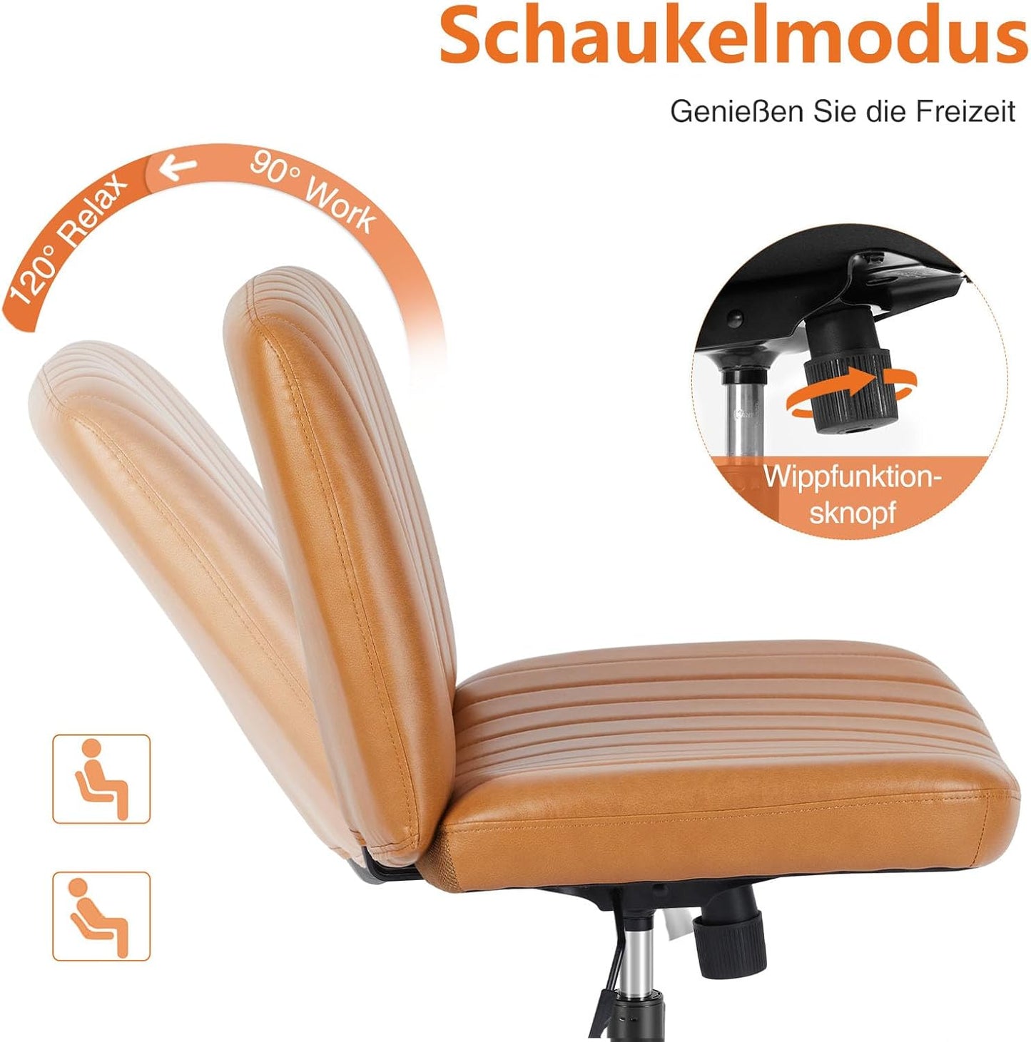 Höhenverstellbarer Bürostuhl ohne Armlehnen, Braun PU-Leder