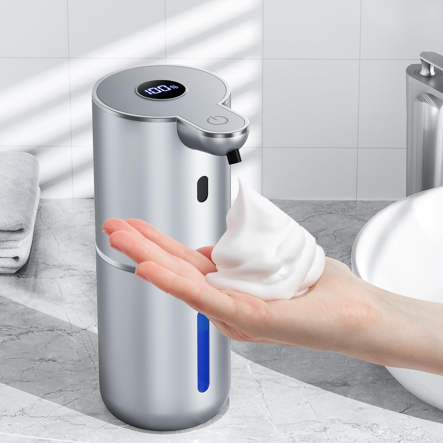 Automatischer Schaumseifenspender mit Sensor und sechs­stu­fi­ger Dosie­rung, Silber Schaumtyp
