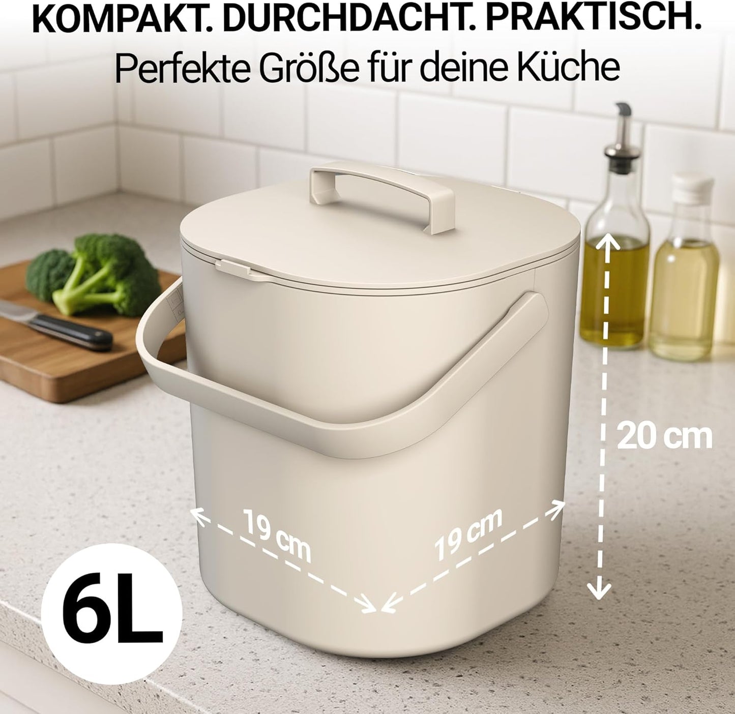 Komposteimer mit Deckel & Innensieb, Beige 6L