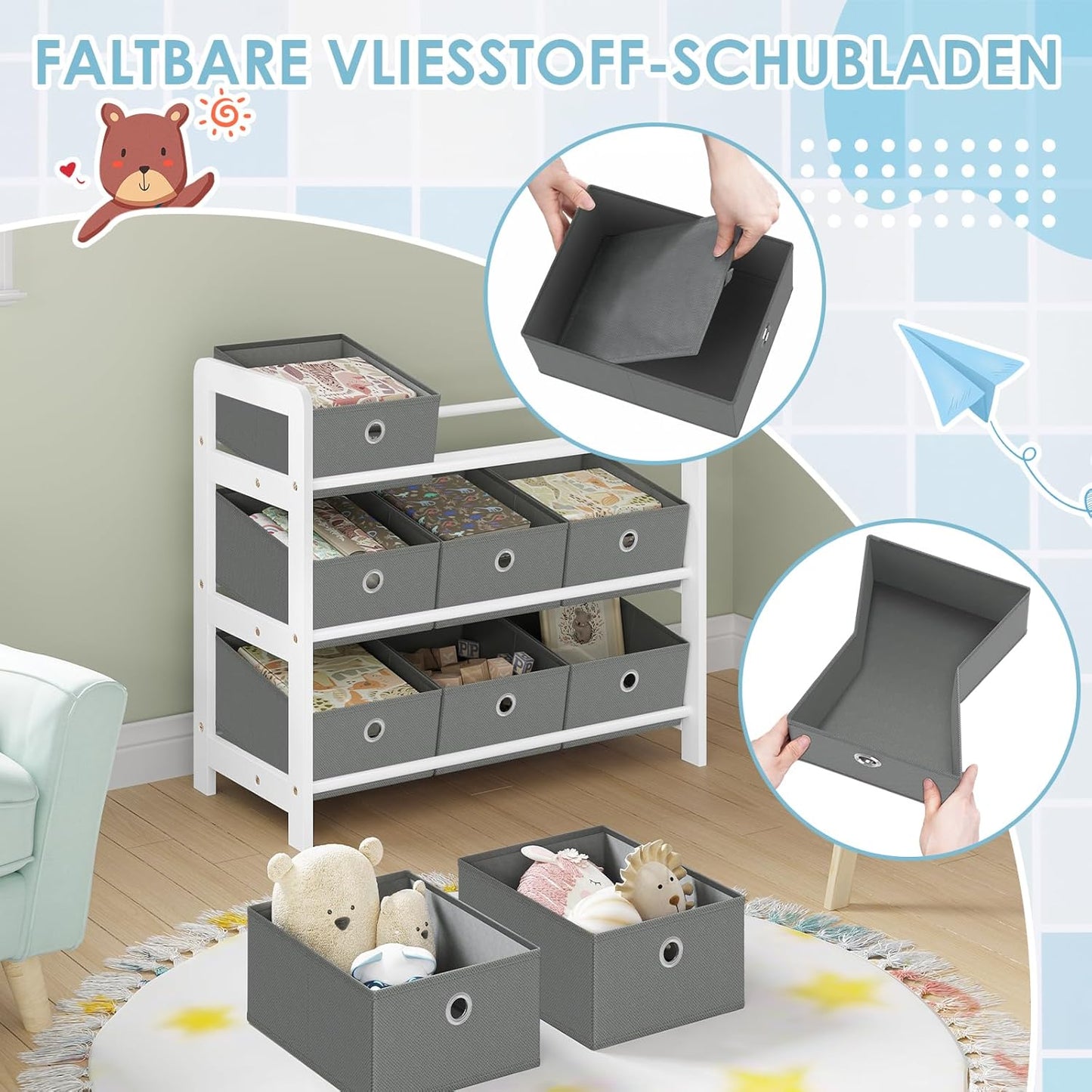 Kinderregal mit 9 Aufbewahrungsboxen