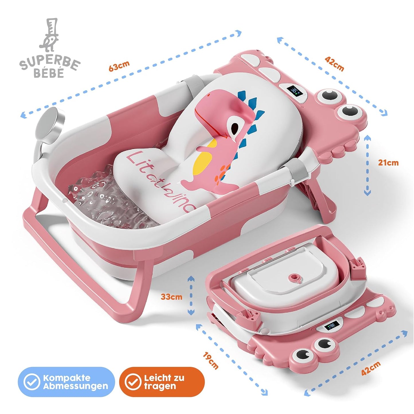 Faltbare Babybadewanne mit Rutschschutz & Thermometer, 2 x faltbar ROSA