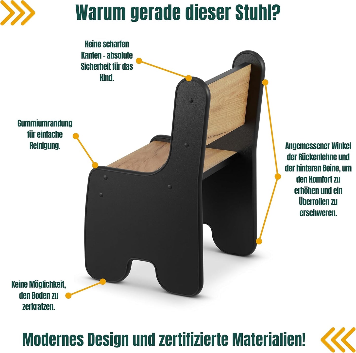 Kindertisch-Set mit 2 Stühlen für Kinderzimmer, 2 Stühle und Tisch Schwarz + Eiche