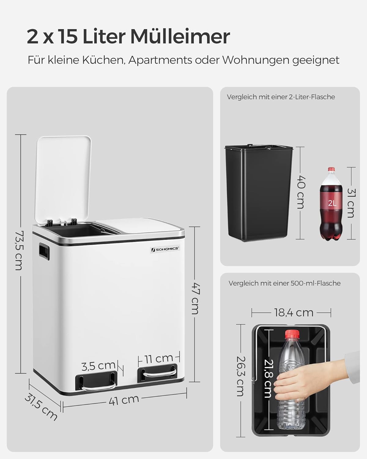 LTB30WT Mülltrennsystem Kaylee, 2 Fächer, Softclose, inkl. 15 Müllbeutel, Wolkenweiss