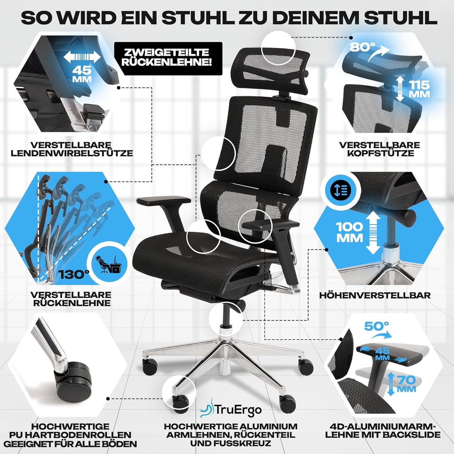 Ergonomischer Bürostuhl M7, Schwarz, M7 Mesh-Sitz