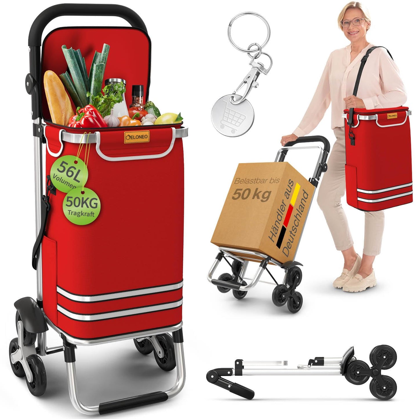 Einkaufstrolley mit Treppensteiger-Funktion, Treppensteiger-Trolley Rot