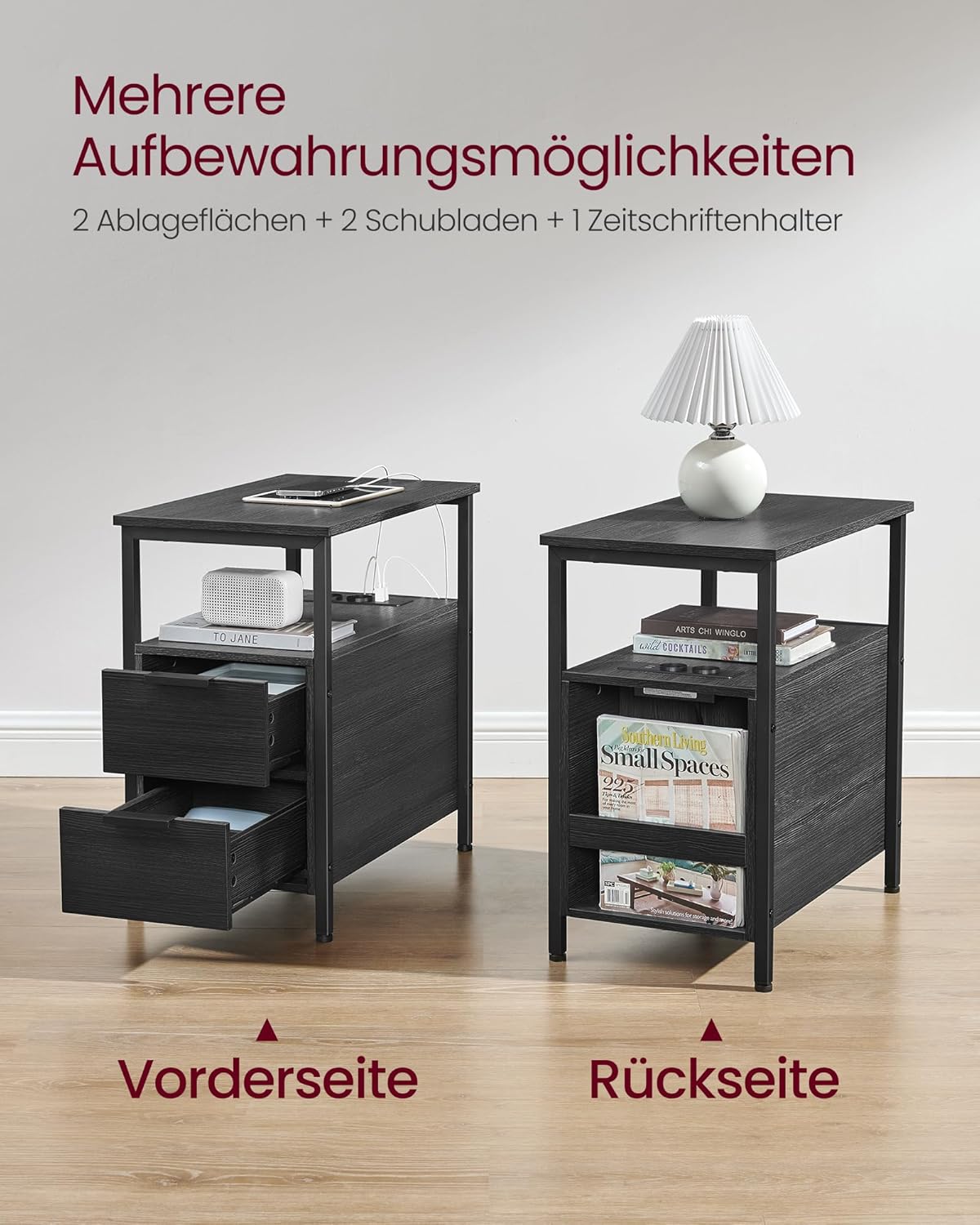 Beistelltisch mit Steckdosenleiste und Schubladen, 1, Anthrazitgrau + Tintenschwarz